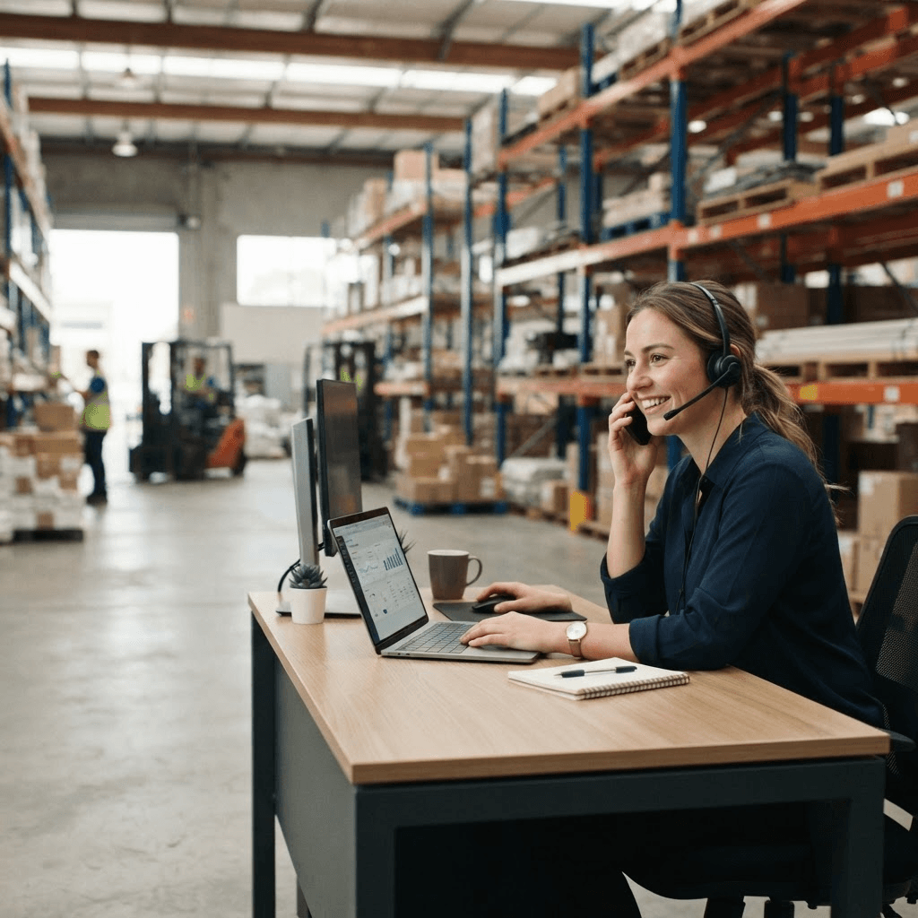Bulldog Rack customer support and sales team ready to help in a warehouse office