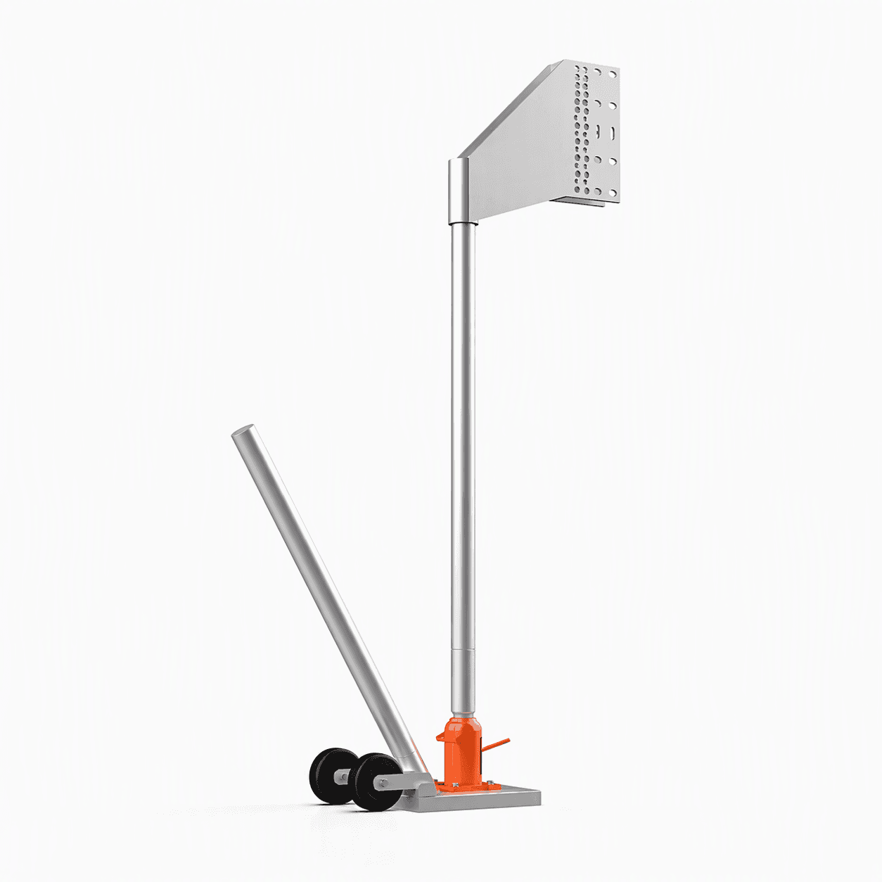 Bulldog Rack shoring jack with an orange hydraulic bottle jack, wheeled base, and perforated beam bracket
